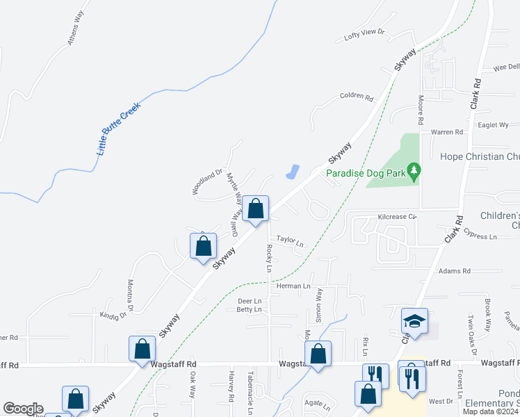 map of restaurants, bars, coffee shops, grocery stores, and more near 8697 Skyway in Paradise