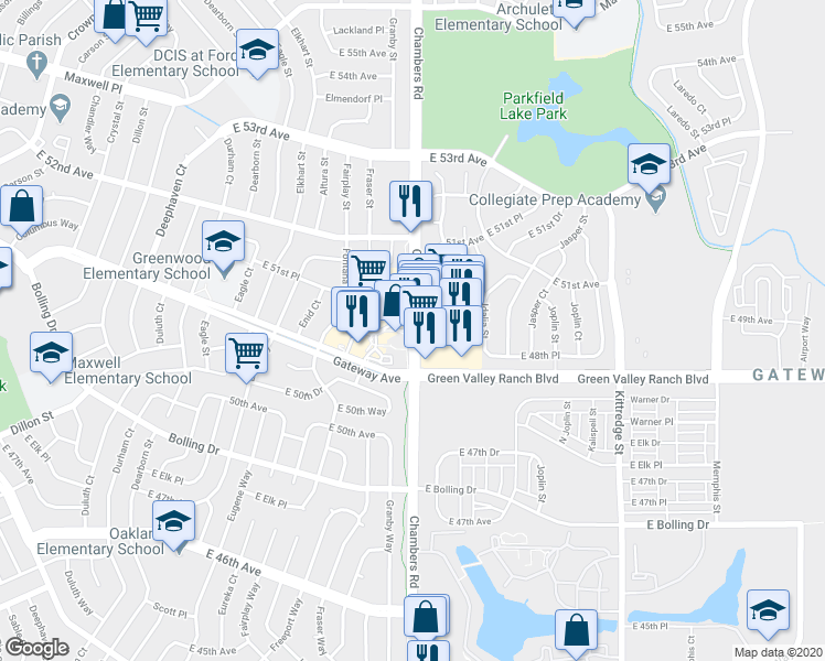 map of restaurants, bars, coffee shops, grocery stores, and more near 5135 Chambers Road in Denver
