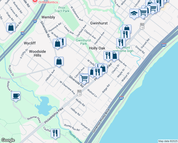 map of restaurants, bars, coffee shops, grocery stores, and more near 2 Willow Lane in Wilmington