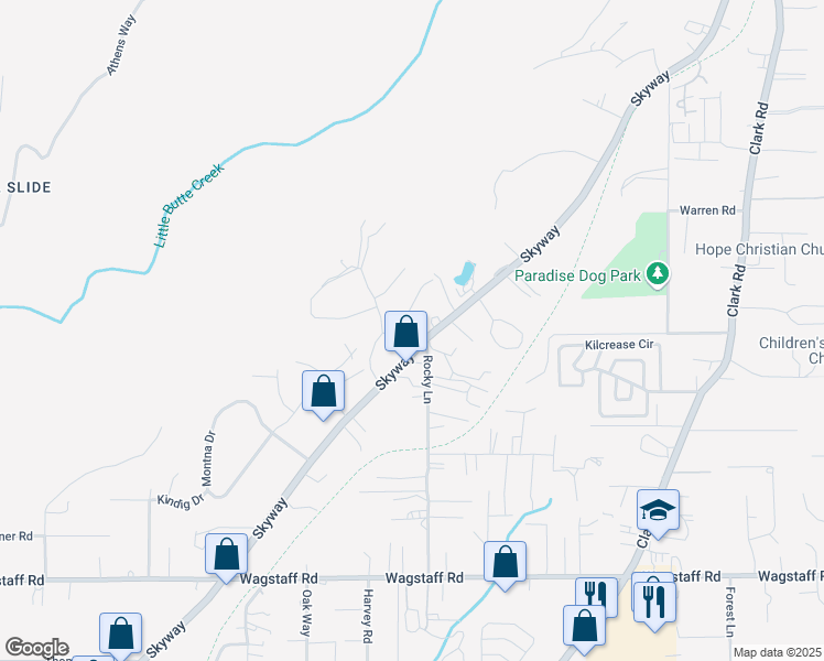 map of restaurants, bars, coffee shops, grocery stores, and more near 8697 Skyway in Paradise