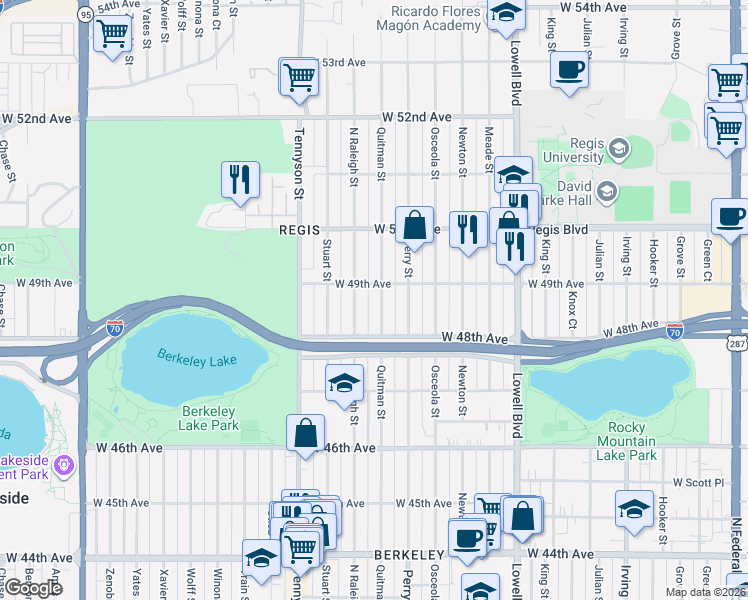 map of restaurants, bars, coffee shops, grocery stores, and more near 4871 Quitman Street in Denver