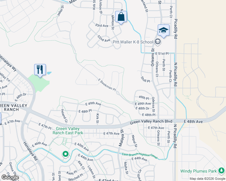 map of restaurants, bars, coffee shops, grocery stores, and more near 21008 East Beekman Place in Denver