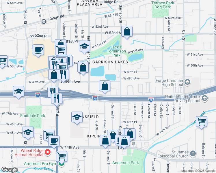 map of restaurants, bars, coffee shops, grocery stores, and more near 9325 West 48th Avenue in Wheat Ridge