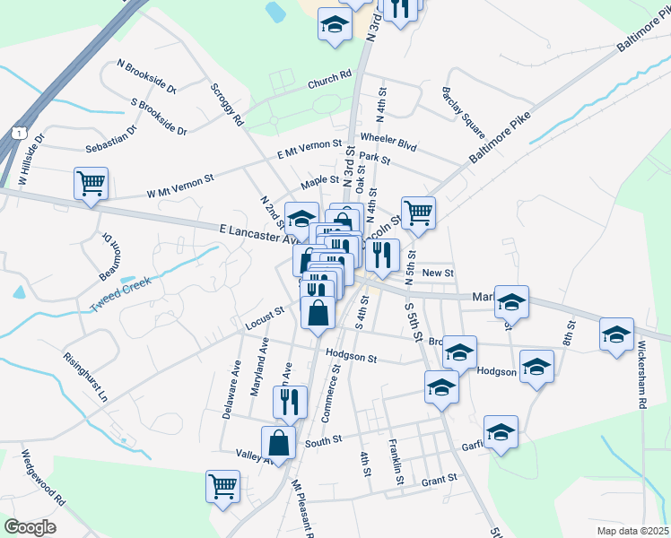 map of restaurants, bars, coffee shops, grocery stores, and more near 223 East Locust Street in Oxford