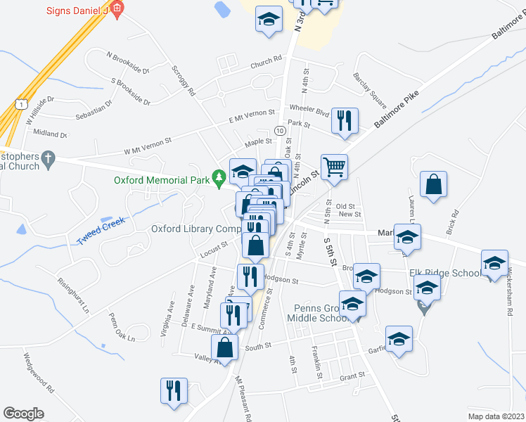 map of restaurants, bars, coffee shops, grocery stores, and more near 223 East Locust Street in Oxford