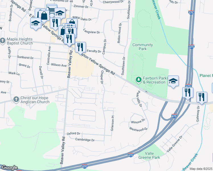 map of restaurants, bars, coffee shops, grocery stores, and more near 371 Cottonwood Court in Fairborn