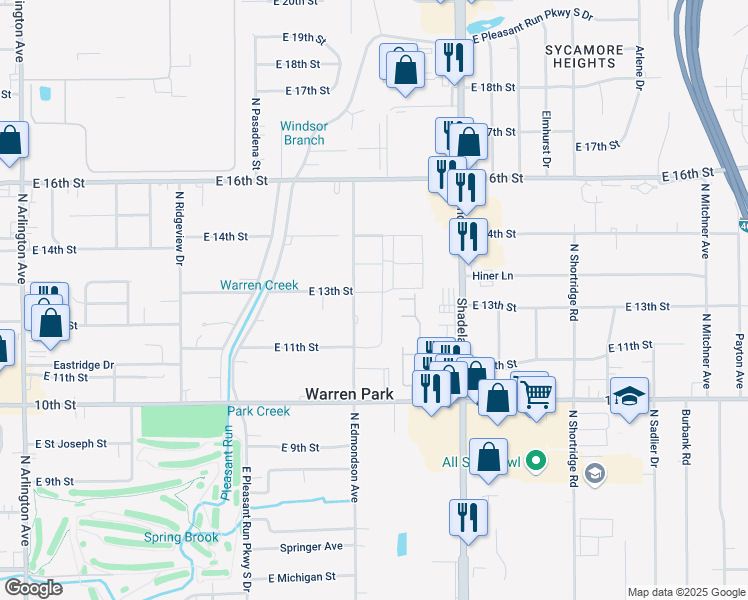 map of restaurants, bars, coffee shops, grocery stores, and more near 1223 North Edmondson Avenue in Warren Park