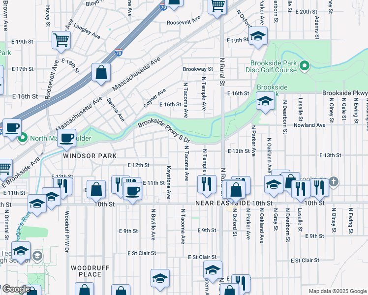 map of restaurants, bars, coffee shops, grocery stores, and more near 1231 North Tacoma Avenue in Indianapolis