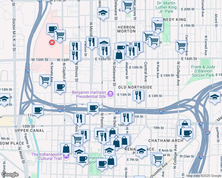 map of restaurants, bars, coffee shops, grocery stores, and more near 130 East 13th Street in Indianapolis