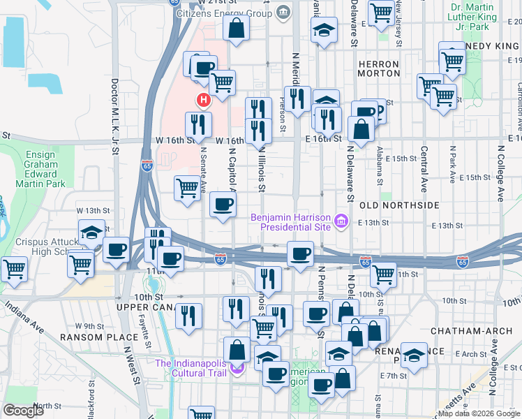 map of restaurants, bars, coffee shops, grocery stores, and more near in Indianapolis
