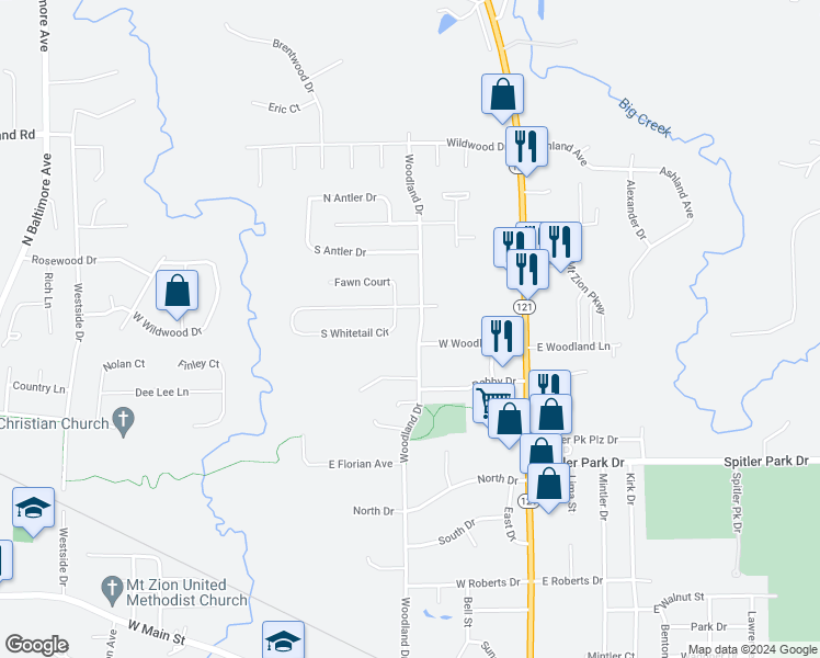 map of restaurants, bars, coffee shops, grocery stores, and more near 1225-1299 Woodland Drive in Mount Zion