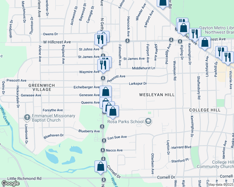 map of restaurants, bars, coffee shops, grocery stores, and more near 2262 North Gettysburg Avenue in Dayton