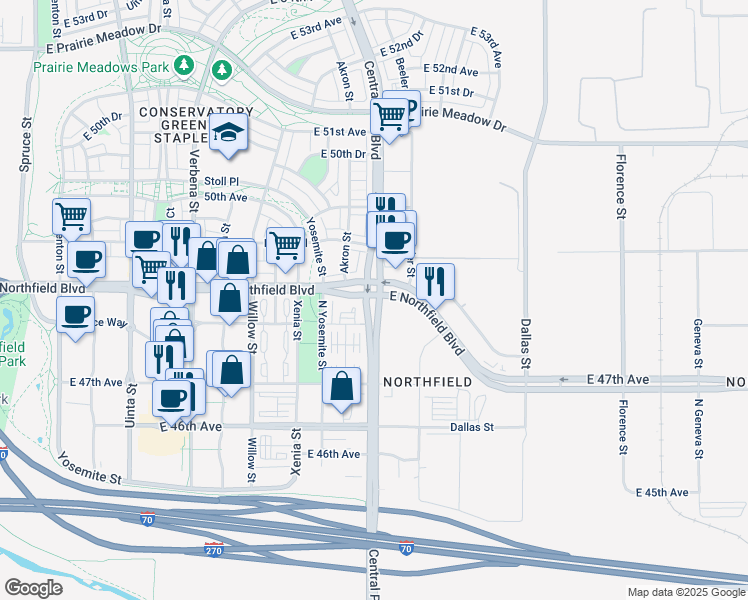 map of restaurants, bars, coffee shops, grocery stores, and more near in Denver