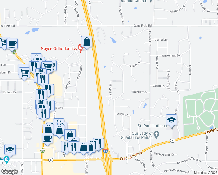 map of restaurants, bars, coffee shops, grocery stores, and more near 1914 North 42nd Street in Saint Joseph