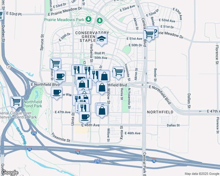 map of restaurants, bars, coffee shops, grocery stores, and more near 4890 Willow Street in Denver
