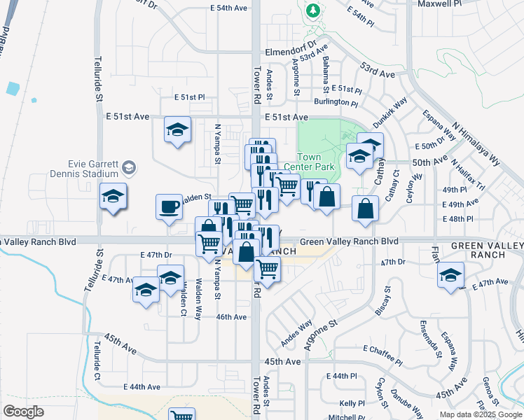 map of restaurants, bars, coffee shops, grocery stores, and more near 4860 Tower Road in Denver
