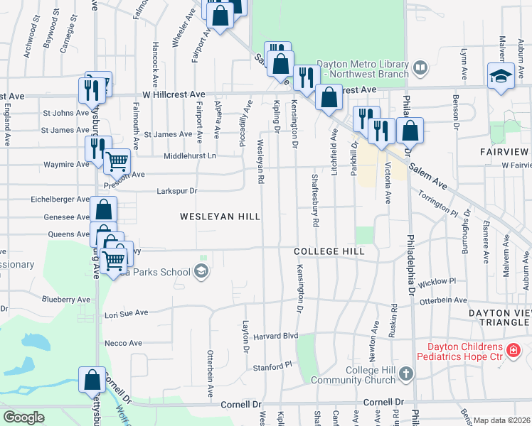 map of restaurants, bars, coffee shops, grocery stores, and more near 1958 Wesleyan Road in Dayton