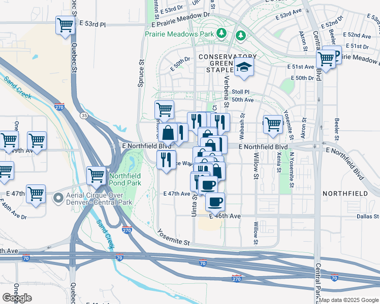 map of restaurants, bars, coffee shops, grocery stores, and more near 1412 48th Avenue in Denver