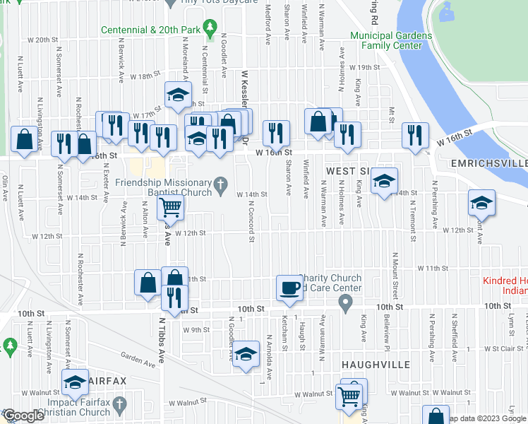 map of restaurants, bars, coffee shops, grocery stores, and more near 1306 Medford Avenue in Indianapolis