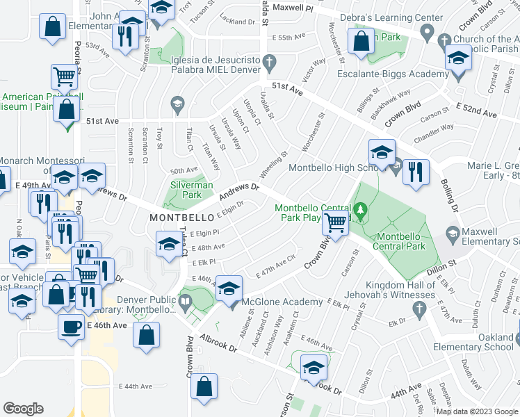 map of restaurants, bars, coffee shops, grocery stores, and more near 20021 East Elgin Drive in Denver