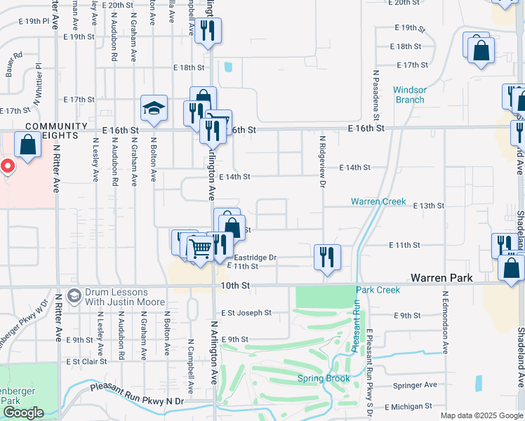 map of restaurants, bars, coffee shops, grocery stores, and more near 6136 East 12th Street in Indianapolis