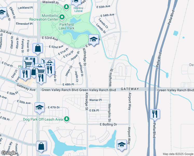 map of restaurants, bars, coffee shops, grocery stores, and more near 16199 Green Valley Ranch Boulevard in Denver