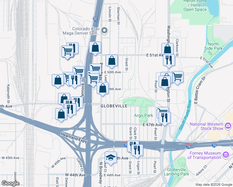 map of restaurants, bars, coffee shops, grocery stores, and more near 4840 Lincoln Street in Denver
