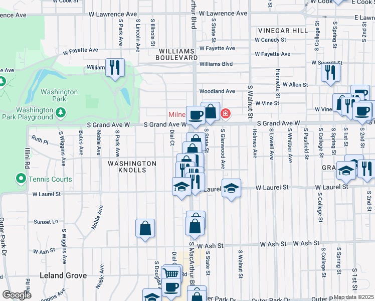map of restaurants, bars, coffee shops, grocery stores, and more near 1417 South MacArthur Boulevard in Springfield