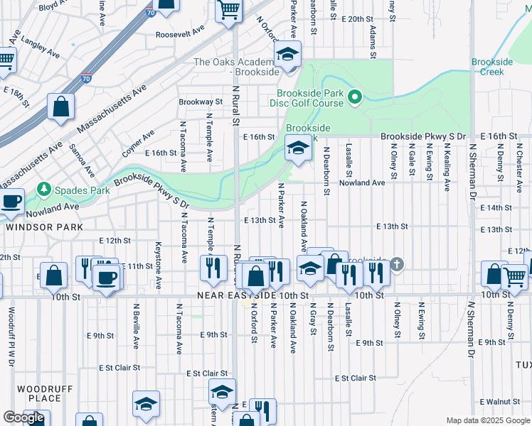 map of restaurants, bars, coffee shops, grocery stores, and more near 1229 North Oxford Street in Indianapolis