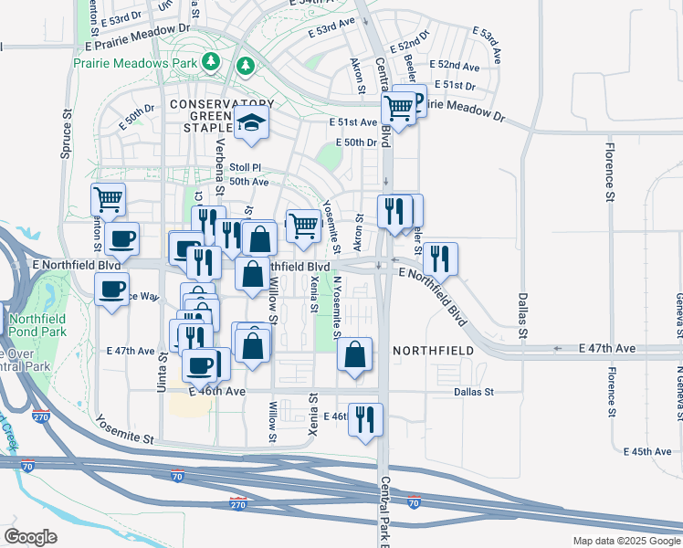 map of restaurants, bars, coffee shops, grocery stores, and more near 8902 Northfield Boulevard in Denver