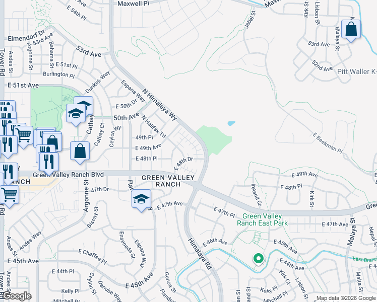 map of restaurants, bars, coffee shops, grocery stores, and more near 20088 East 48th Drive in Denver