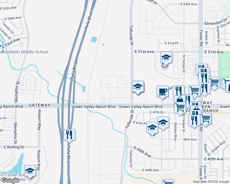 map of restaurants, bars, coffee shops, grocery stores, and more near Green Valley Ranch Boulevard in Denver