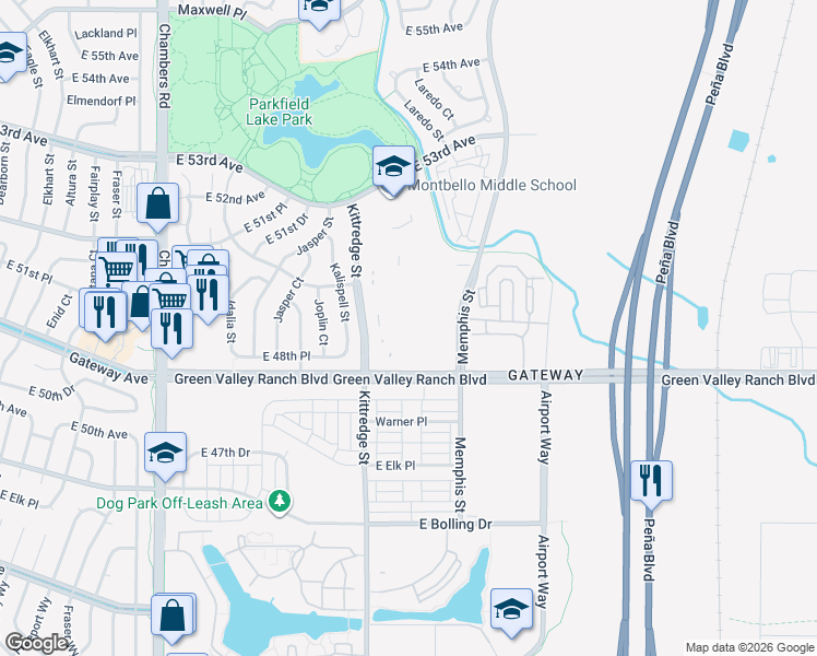 map of restaurants, bars, coffee shops, grocery stores, and more near 16199 Green Valley Ranch Boulevard in Denver