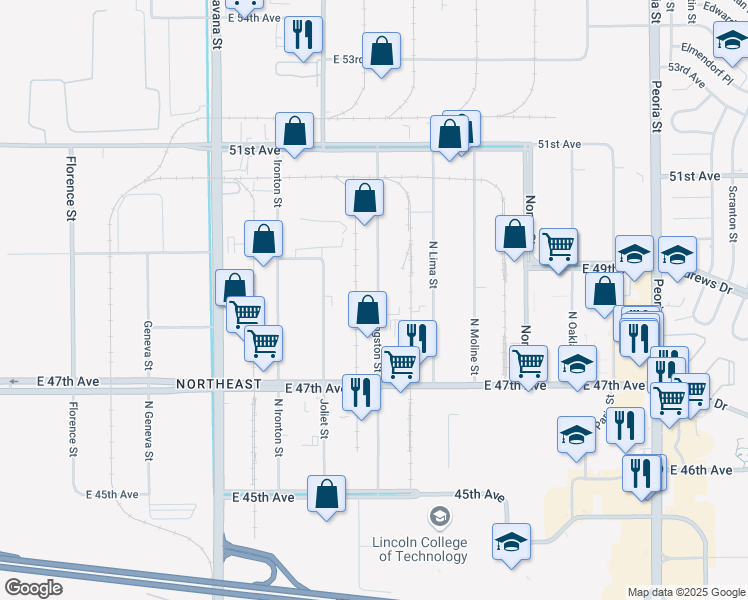 map of restaurants, bars, coffee shops, grocery stores, and more near 47 Kingston Street in Denver