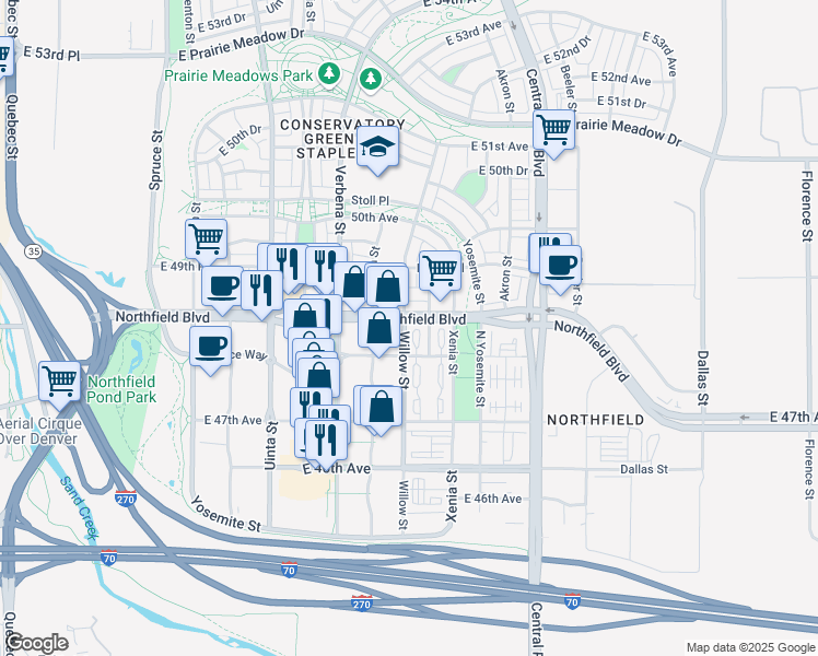 map of restaurants, bars, coffee shops, grocery stores, and more near 4821 Xanthia Street in Denver