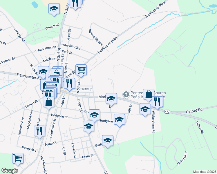 map of restaurants, bars, coffee shops, grocery stores, and more near 709 Market Street in Oxford