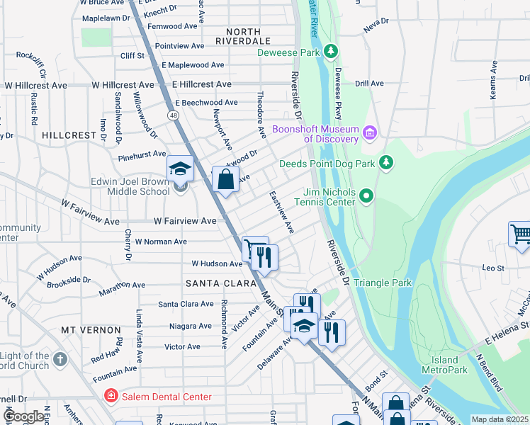 map of restaurants, bars, coffee shops, grocery stores, and more near 34 1/2 East Norman Avenue in Dayton