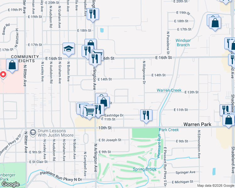 map of restaurants, bars, coffee shops, grocery stores, and more near 6136 East 12th Street in Indianapolis
