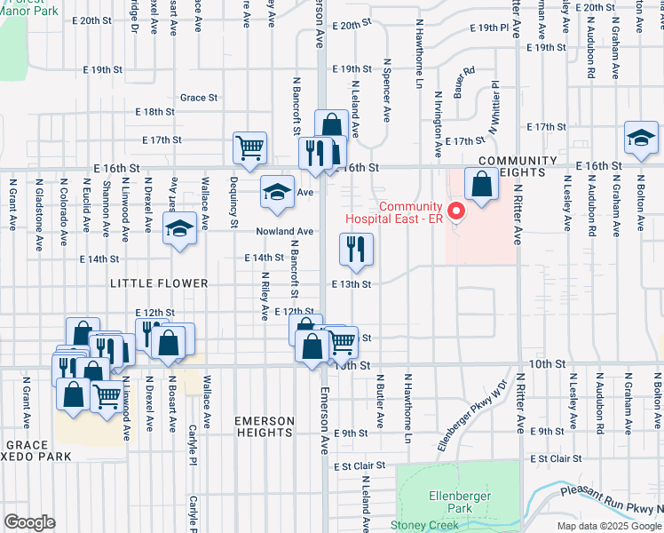 map of restaurants, bars, coffee shops, grocery stores, and more near 1228 North Emerson Avenue in Indianapolis
