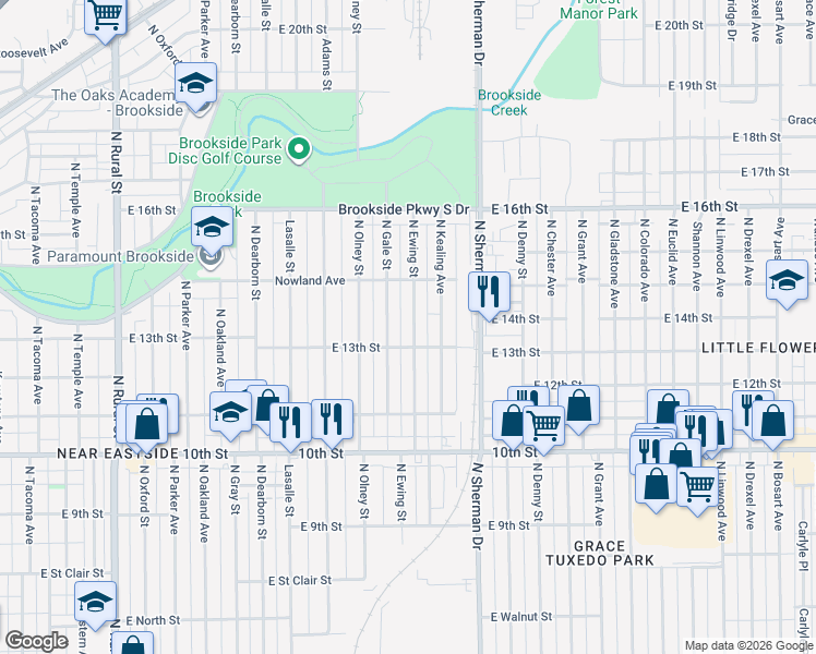 map of restaurants, bars, coffee shops, grocery stores, and more near 1229 North Ewing Street in Indianapolis