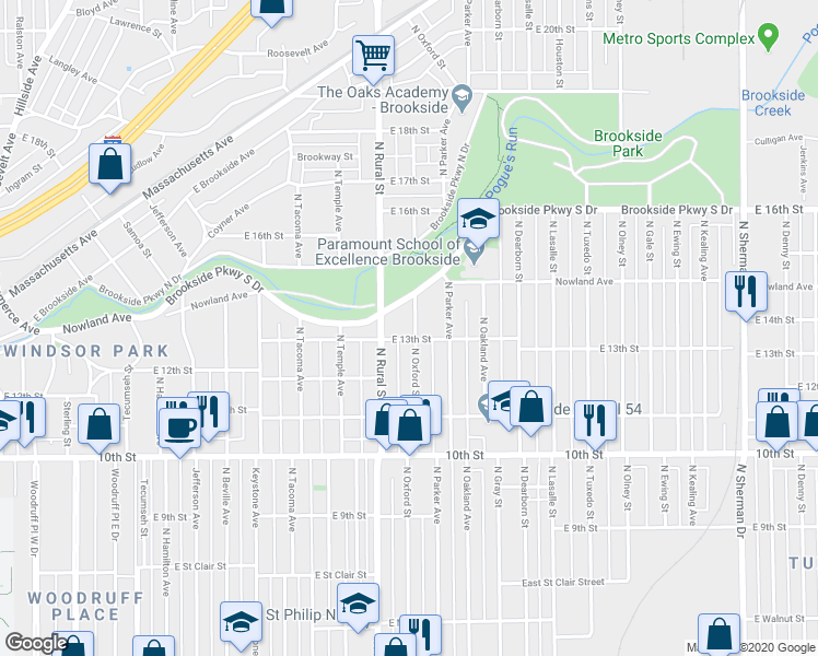 map of restaurants, bars, coffee shops, grocery stores, and more near 1229 North Oxford Street in Indianapolis