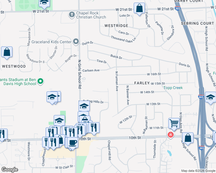 map of restaurants, bars, coffee shops, grocery stores, and more near 1410 Topp Creek Drive in Indianapolis