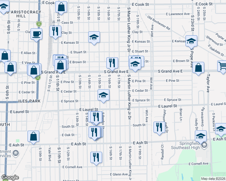 map of restaurants, bars, coffee shops, grocery stores, and more near 1601-1699 S 16th St in Springfield