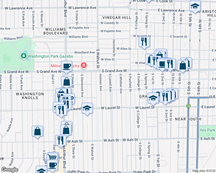 map of restaurants, bars, coffee shops, grocery stores, and more near 1508 Holmes Avenue in Springfield