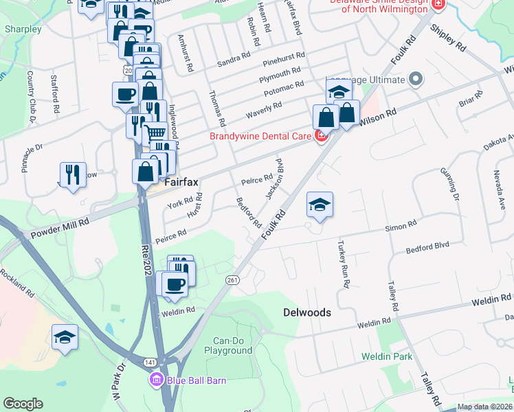 map of restaurants, bars, coffee shops, grocery stores, and more near 200 Jackson Boulevard in Wilmington