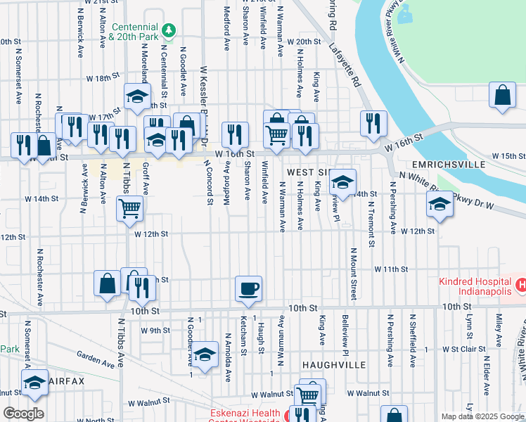 map of restaurants, bars, coffee shops, grocery stores, and more near 1306 Winfield Avenue in Indianapolis