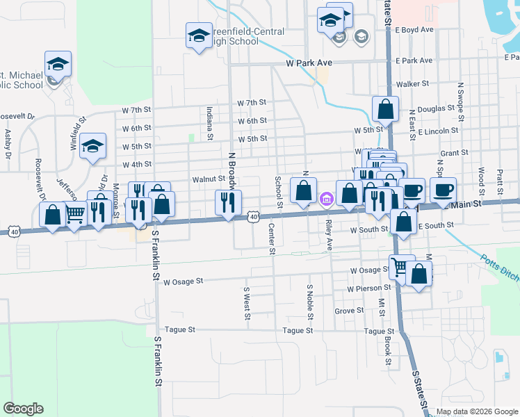 map of restaurants, bars, coffee shops, grocery stores, and more near 617 West Main Street in Greenfield
