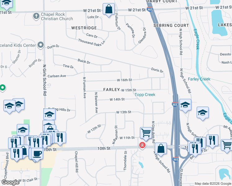 map of restaurants, bars, coffee shops, grocery stores, and more near 6649 West 14th Street in Indianapolis