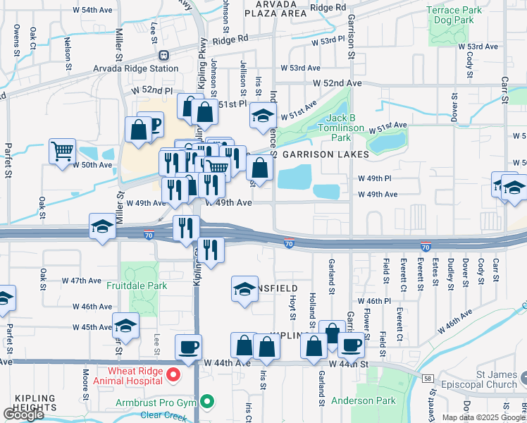 map of restaurants, bars, coffee shops, grocery stores, and more near 4891 Independence Street in Wheat Ridge