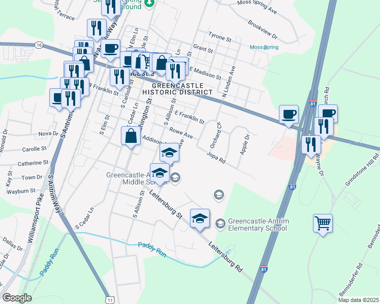 map of restaurants, bars, coffee shops, grocery stores, and more near 300 South Ridge Avenue in Greencastle